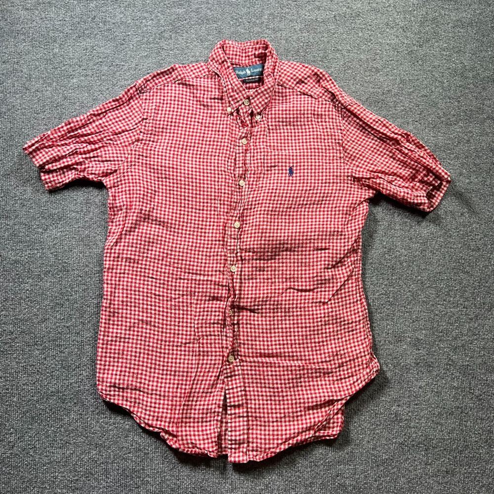 Polo Ralph Lauren Shirt Mens Medium Red White Gingham Classic Fit Short Sleeve